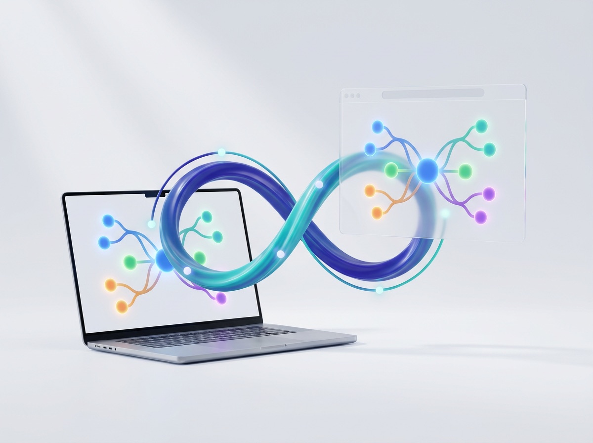 A laptop and a browser window showing the same mind map, joined by a glowing loop