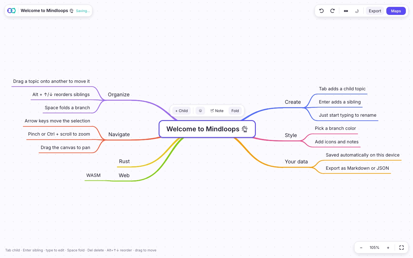 The Mindloops editor showing a colorful mind map with branches on both sides of a central topic
